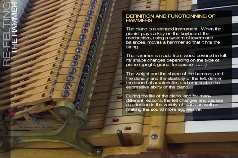 The piano is a stringed instrument.  When the pianist plays a key on the keyboard, the mechanism, using a system of levers and balances, moves a hammer so that it hits the string. The hammer is made from wood covered in felt. Its’ shape changes depending on the type of piano (upright, grand, fortepiano ) The weight and the shape of the hammer, and the density and the elasticity of the felt, define the sound characteristics and emphasize the expressive ability of the piano. During the life of the piano, and for many different reasons, the felt changes and causes a reduction in the variety of tones as well as making the sound more aggressive.