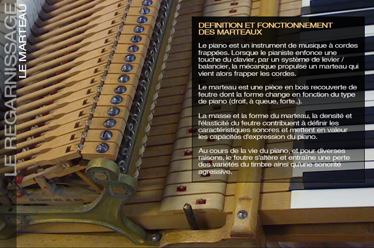 Le piano est un instrument de musique à cordes frappées. Lorsque le pianiste enfonce une touche du clavier, par un système de levier / balancier, la mécanique lance un marteau qui vient alors frapper les cordes. Le marteau est une pièce en bois recouverte de feutre dont la forme change en fonction du type de piano (droit, à queue, forte..), La masse et la forme du marteau, la densité et l'élasticité du feutre contribuent à définir les caractéristiques sonores et mettent en valeur les capacités d'expression du piano. Au cours de la vie du piano, et pour diverses raisons, le feutre s'altère et entraîne une perte des variétés du timbre ainsi qu'une sonorité agressive.